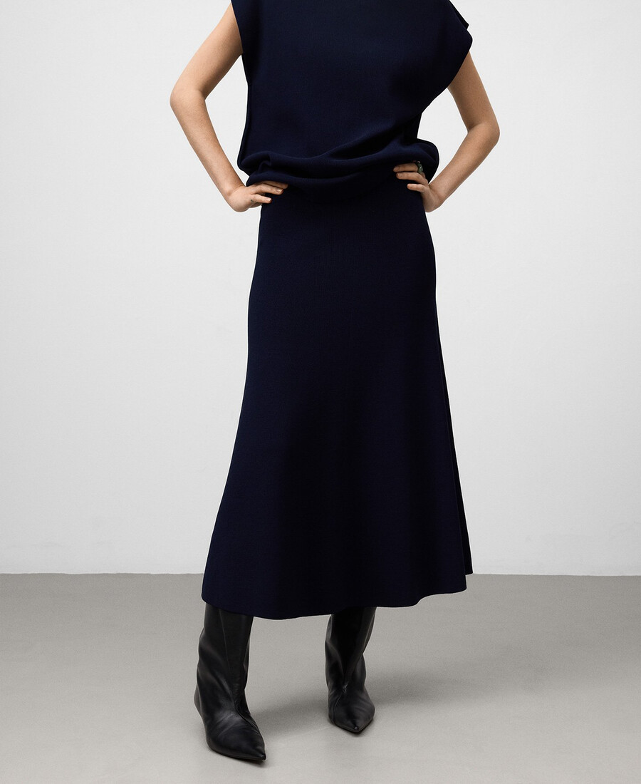 jupe trapèze en maille bleu marine pour femme