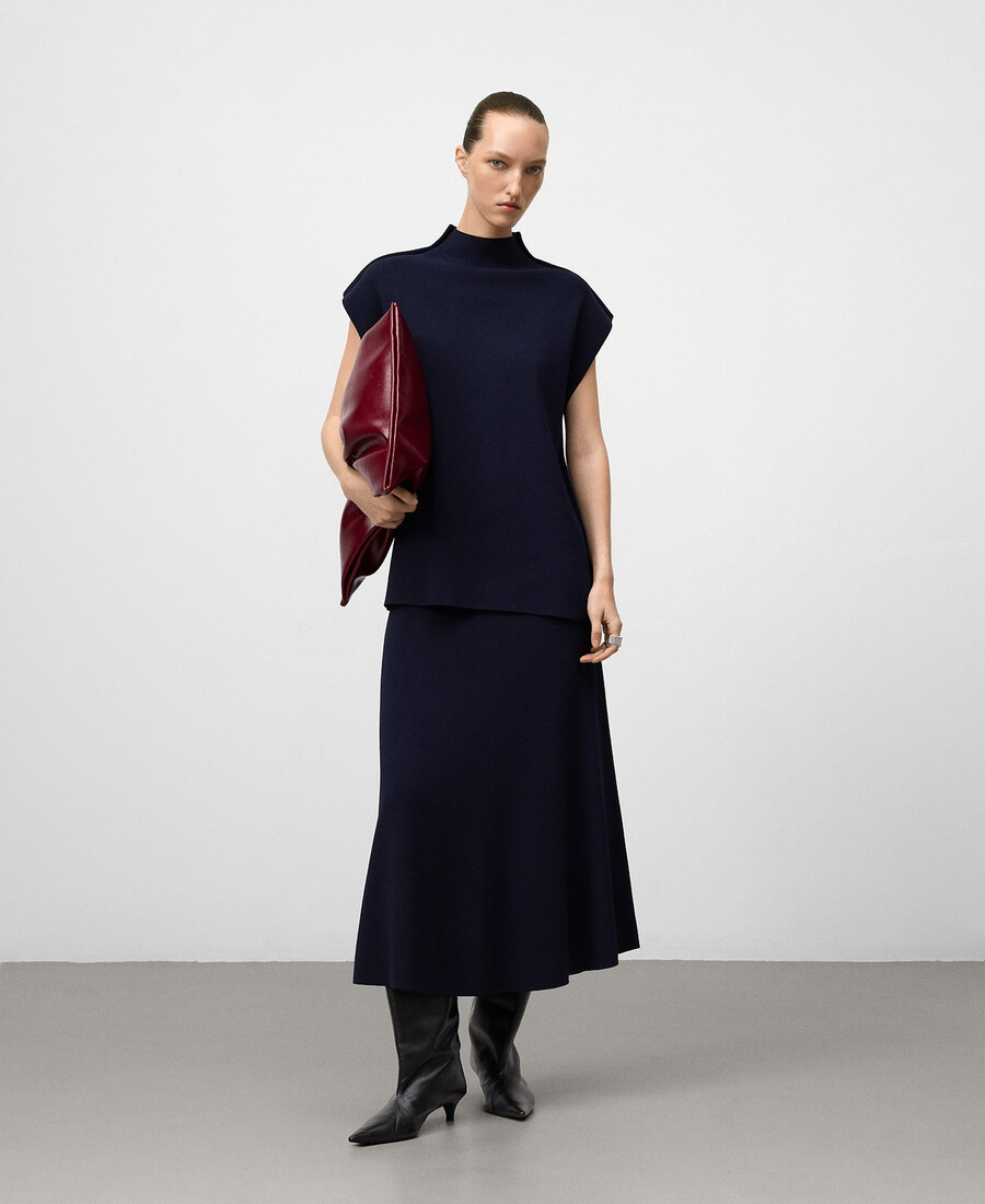 jupe trapèze en maille bleu marine pour femme