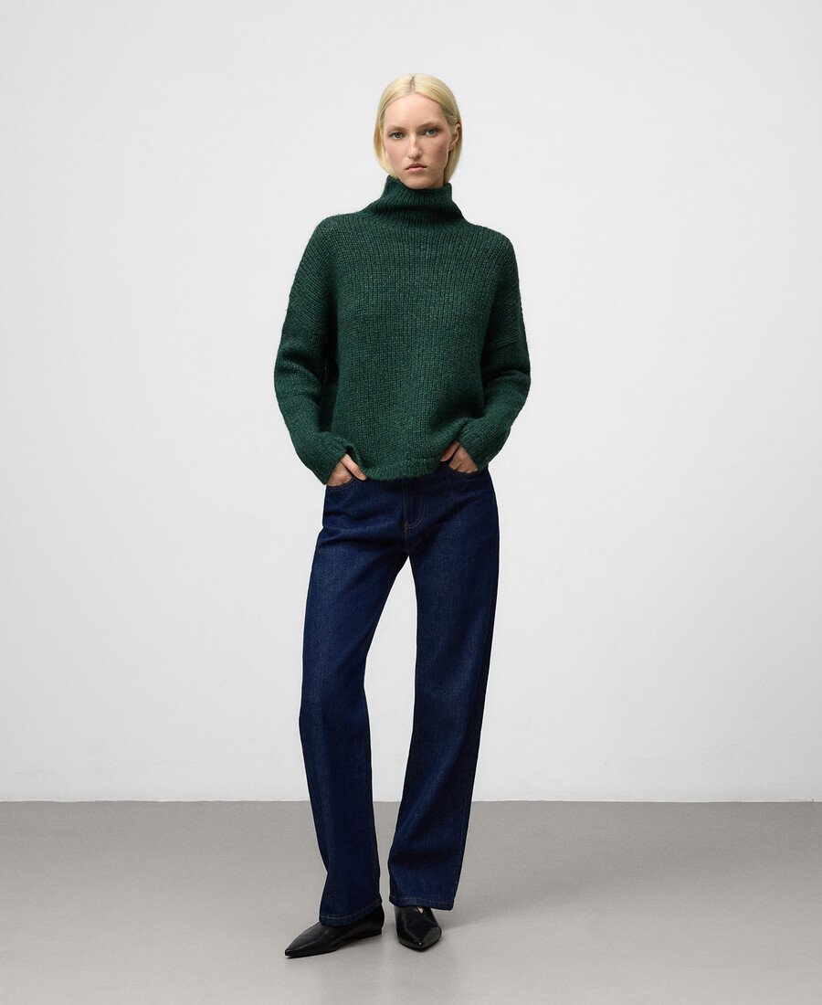 pull vert en maille à col cheminée pour femme