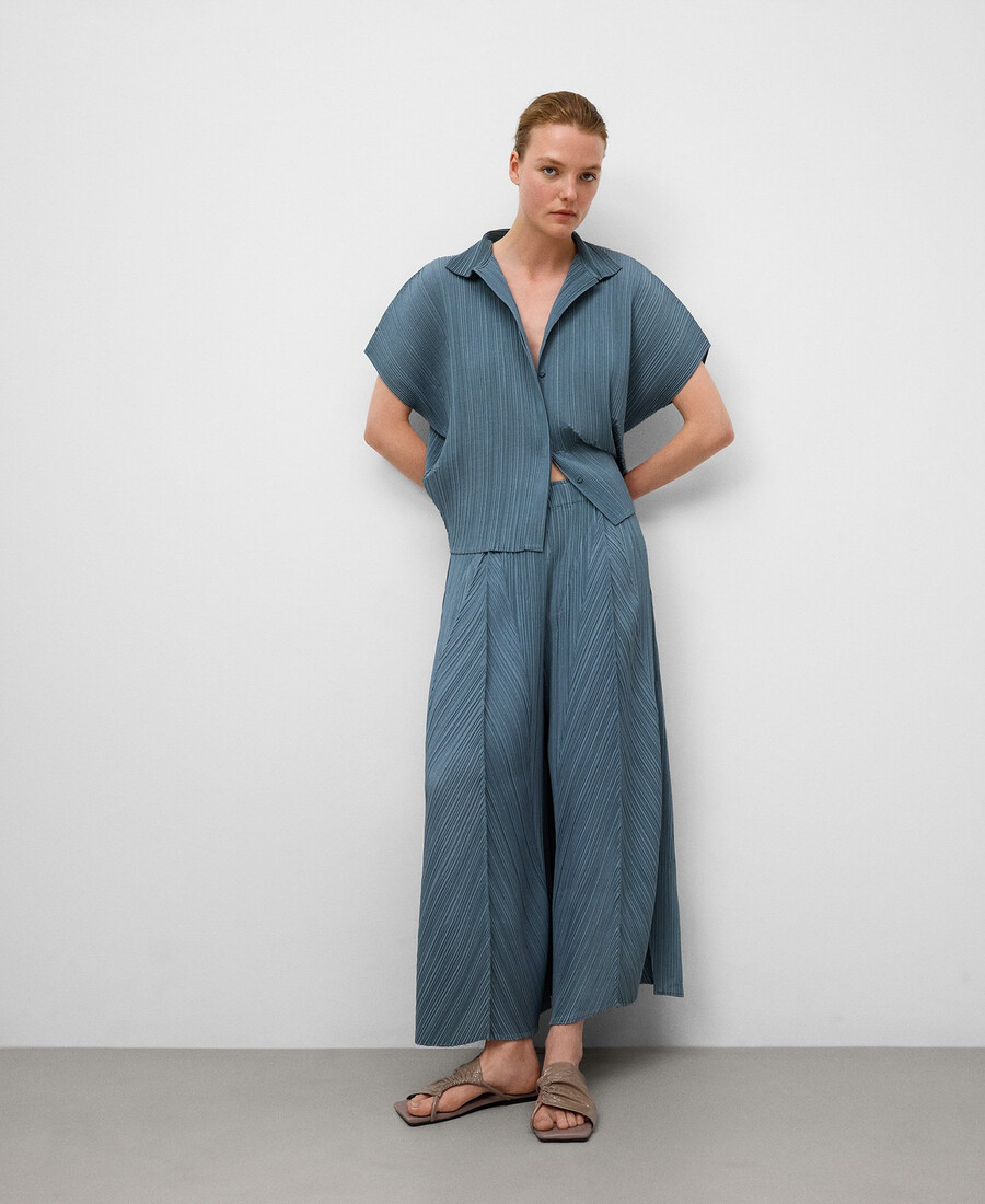 pantalon palazzo bleu froissé pour femme