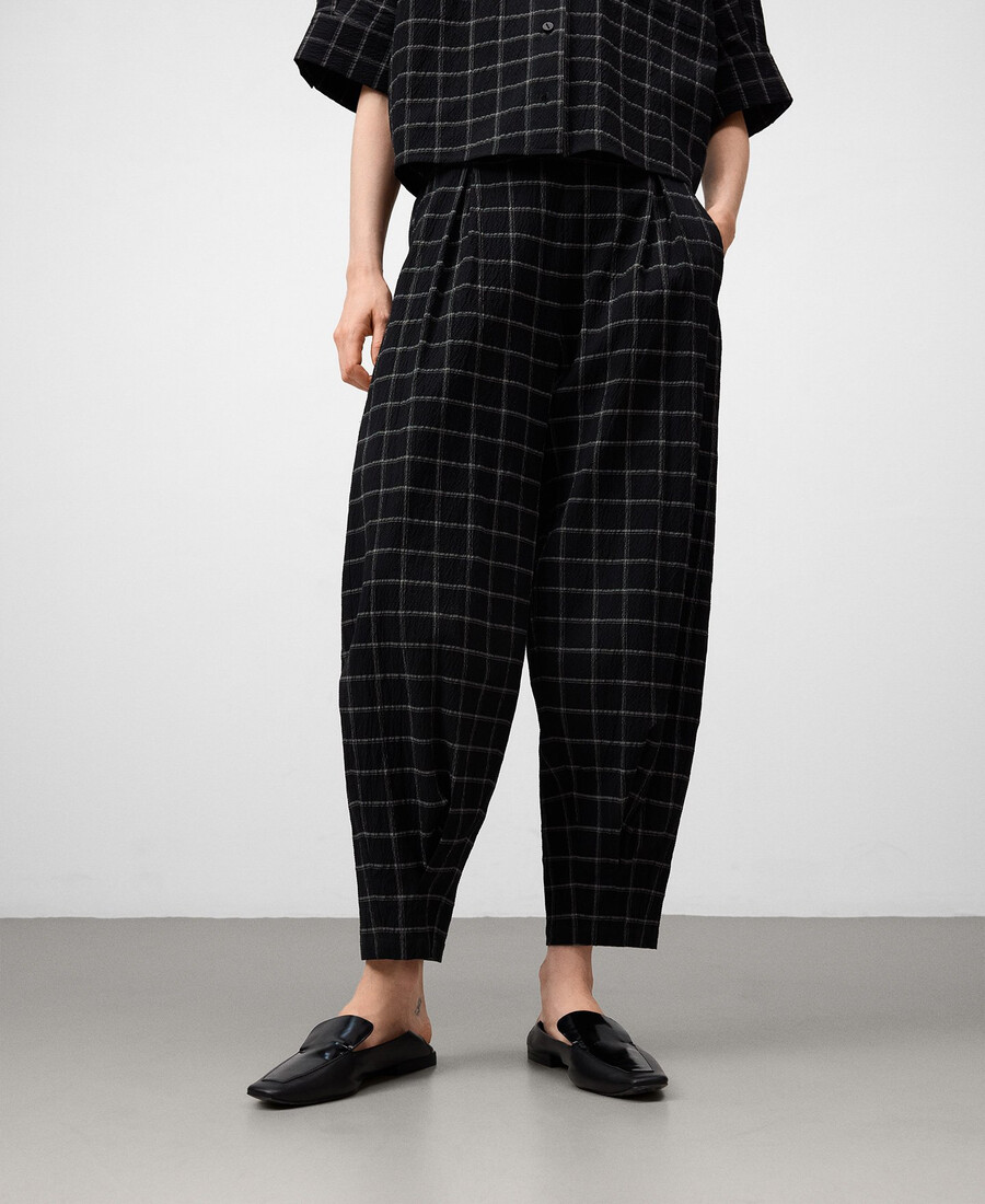 pantalon à carreaux coupe tonneau pour femme