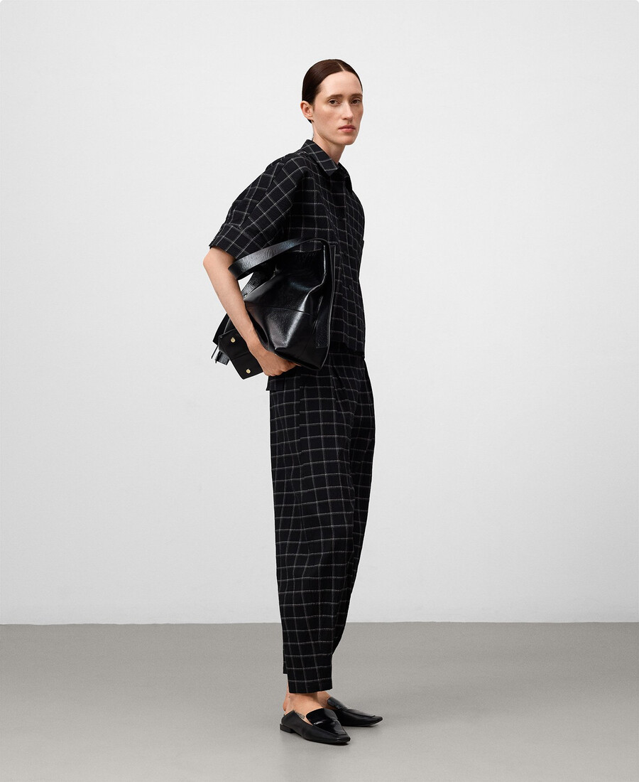 pantalon à carreaux coupe tonneau pour femme