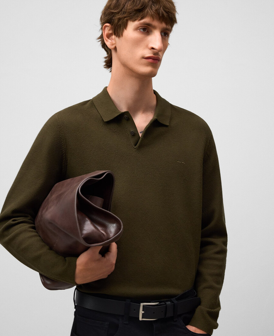 polo homme à manches longues en maille structurée